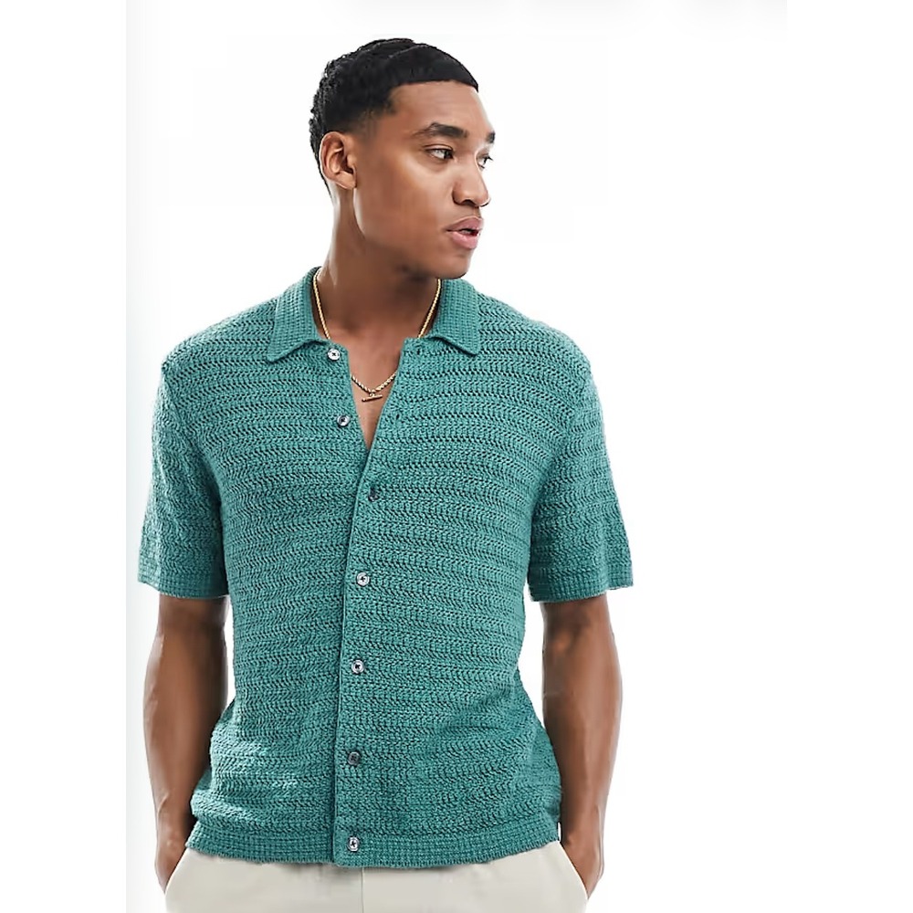 Abercrombie & Fitch Crochet Knit Button Down Mens M Teal Short Sleeve